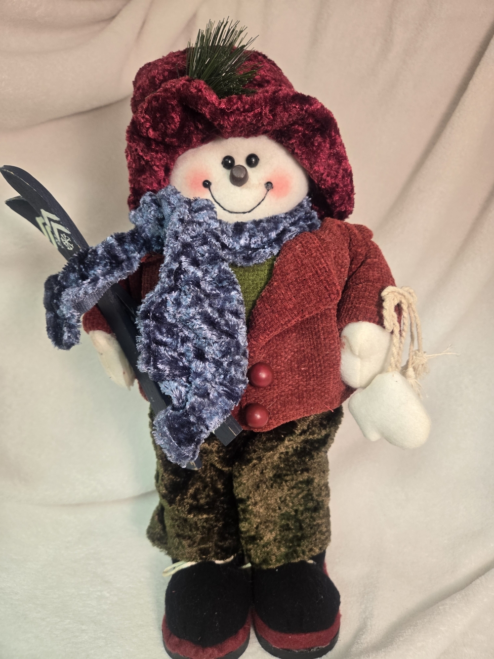 Velvet Holiday Snowman Figure in Red Jacket and Burgundy Hat